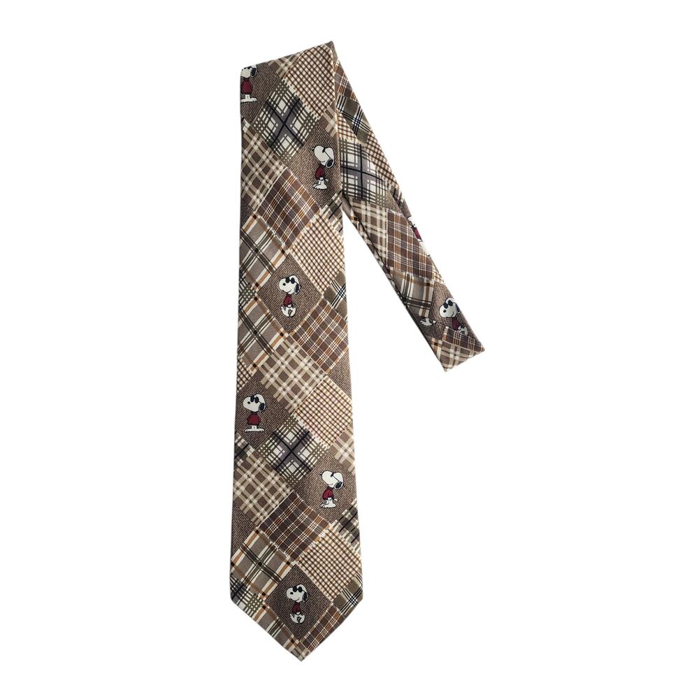 Peanuts Snoopy 1958 1971 Brown Plaid Silk Tie Cool & Casual Made USA Vintage